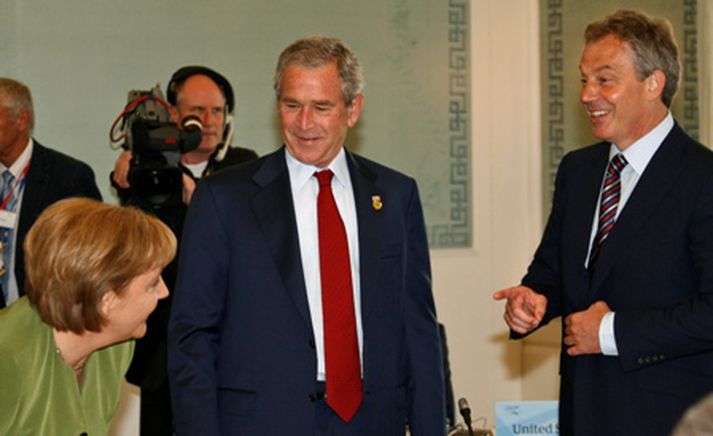 Angela Merkel, George Bush og Tony Blair á fundi G8-ríkjanna.