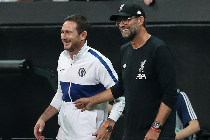 Frank Lampard og Jürgen Klopp léttir á því á hliðarlínunni fyrr á þessu tímabili.