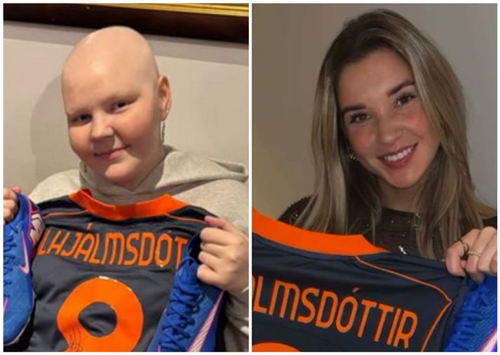 Karólína Lea Vilhjálmsdóttir og Þóra með treyjuna umræddu.