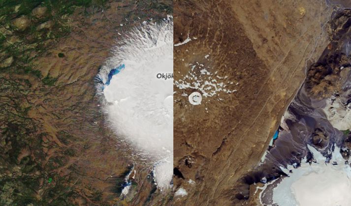 Okjökull árið 1986 (t.v.) og Okið árið 2019 (t.h.)