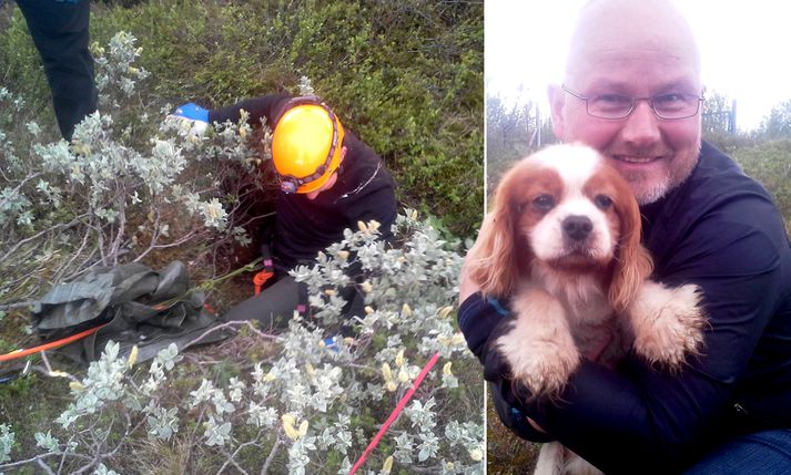 Bangsi ásamt eiganda sínum eftir að björgunarsveitarmenn höfðu losað hann úr prísundinni.