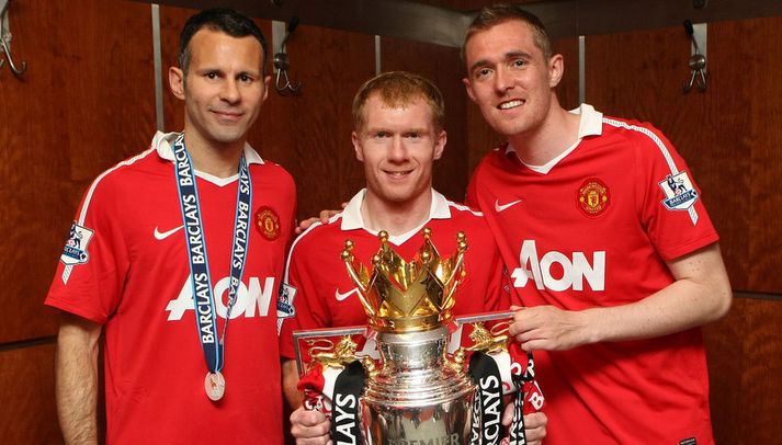 Darren Fletcher með Ryan Giggs og Paul Scholes.