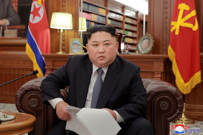 Kim Jong Un, þegar hann flutti nýársávarp í Norður-Kóreu.