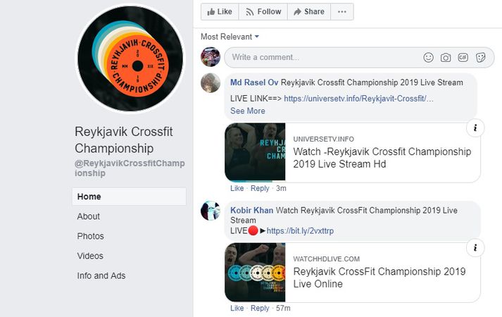 Dæmi um ummæli á síðu Reykjavík Crossfit Championship þar sem fólk er hvatt til að fara á síðu undir því yfirskyni að þar sé keppnin í beinni útsendingu. Sem hún er alls ekki.