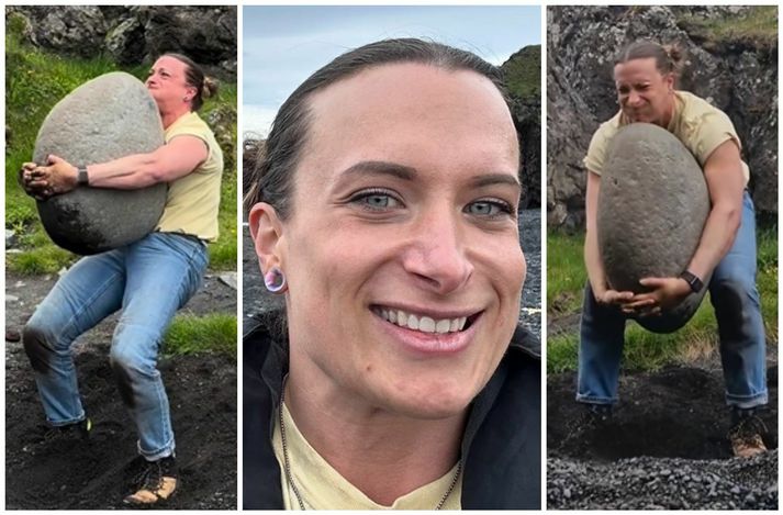 Sandra Bradley með steininn Fullsterka í Dritvík.
