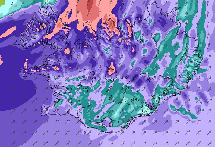 Vindaspá Veðurstofu fyrir klukkan fjögur í dag.