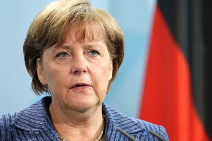 Angela Merkel, kanslari Þýskalands, ræddi við blaðamenn í dag og sagði eðlilegt að Evrópumaður taki við sem forstjóri AGS.