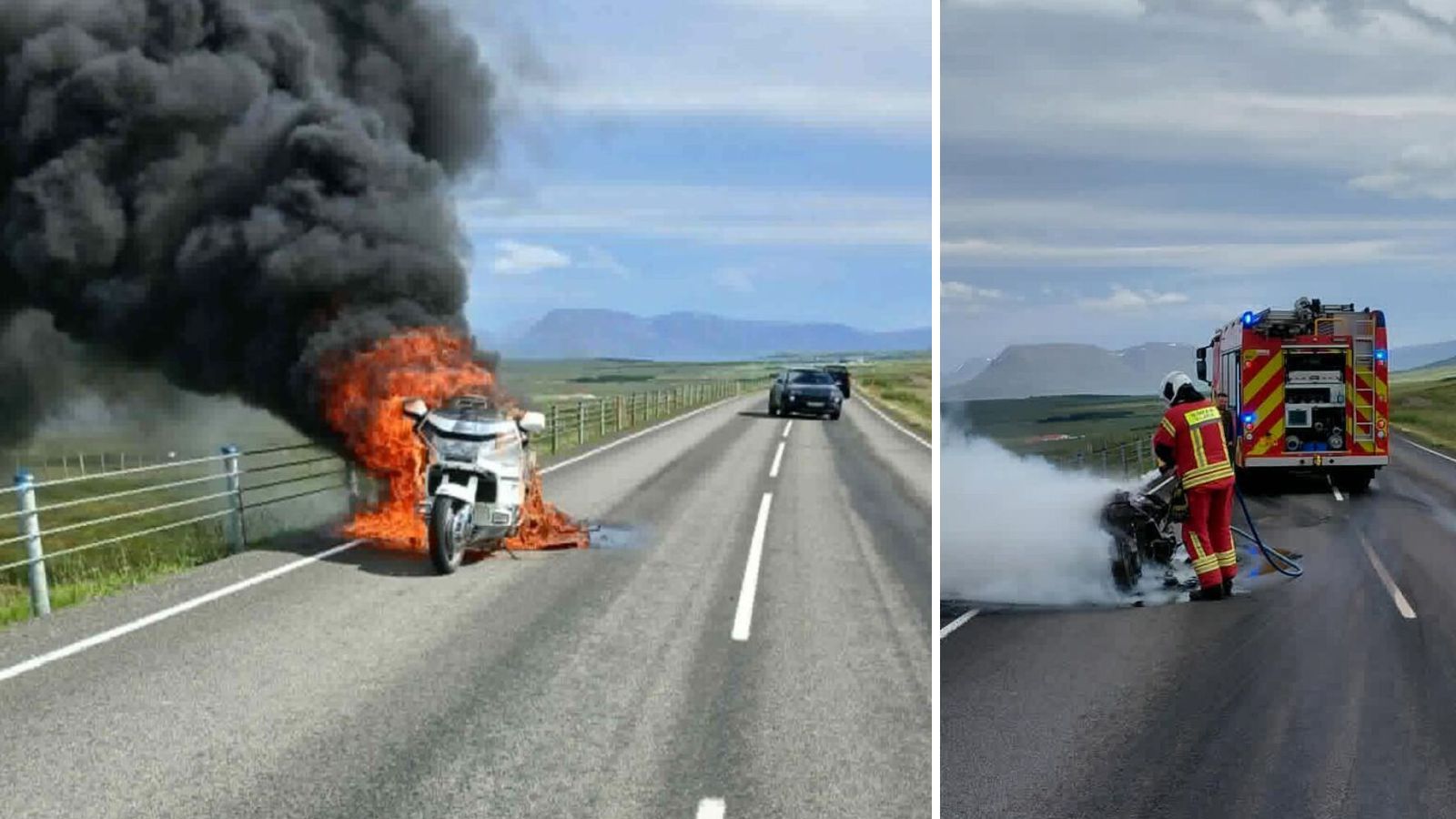 Fór af hjólinu skömmu áður en það brann til kaldra kola á þjóð­veginum