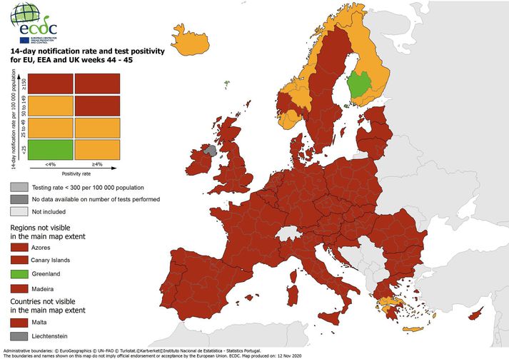 Sóttvarnastofnun Evrópu uppfærir litakóðana vikulega. Þetta kort sem sést hér tók gildi í gær. Ljósgrátt þýðir að löndin eru ekki með í tölfræðinni og dökkgrátt þýðir að tölfræðin liggur ekki fyrir.