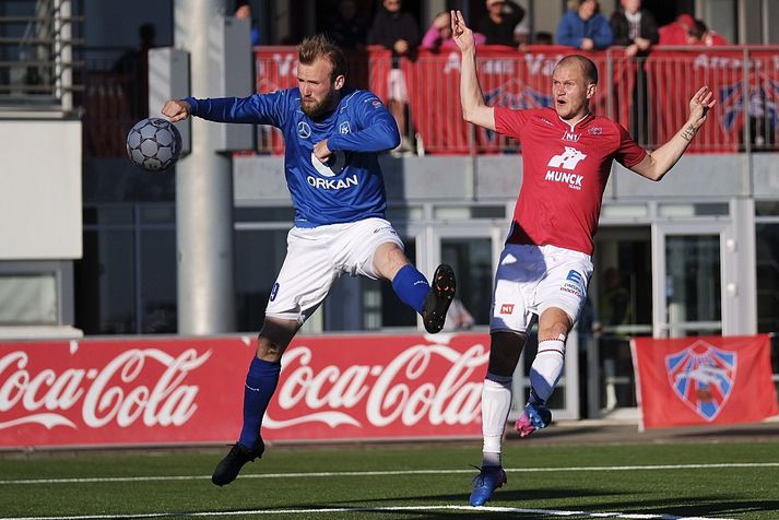 Daníel Laxdal og Kristinn Ingi Halldórsson í baráttunni í kvöld.