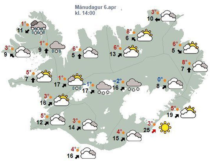 Spákort Veðurstofunnar eins og það leit út núna í morgun.