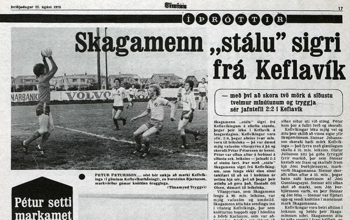 Úrklippa úr Tímanum frá 22. ágúst 1978 en þar sést Pétur Pétursson í Keflavíkurbúningnum. Hann setti nýtt markamet með því að skora tvö mörk undir lok leiksins.