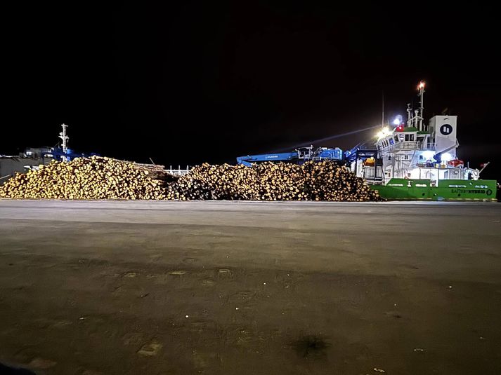 Skipið var affermt að næturlagi. 