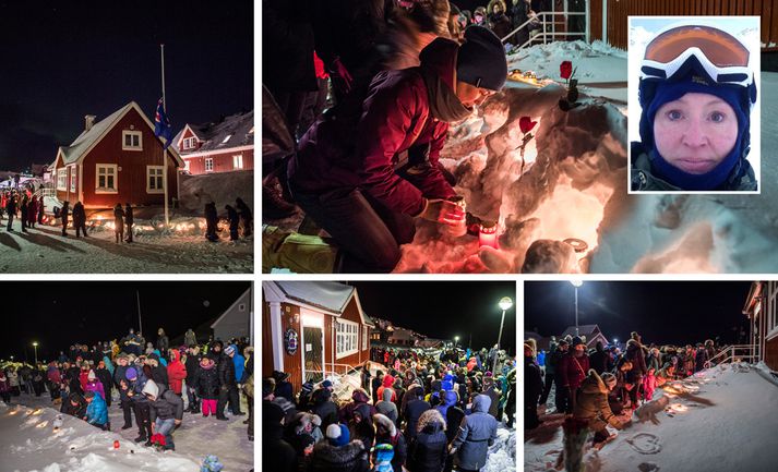 Grænlendingar eru slegnir yfir dauða Birnu Brjánsdóttur og meðal annars kveiktu þeir á kertum í minningu hennar á sunnudag.