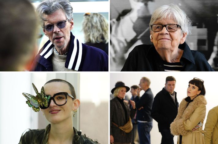 Sigurður Gísli, Berglind Festival og Sadie Cook mættu á yfirlitssýningu Steinu Vasulka sem sést hér í efra hægra horninu.