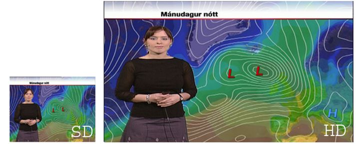 Reginmunur er á hefðbundnum myndgæðum (SD) og hágæðasjónvarpi (HD)