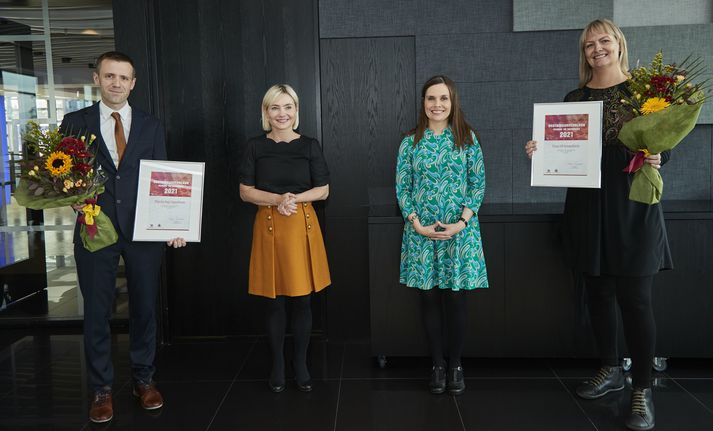 Dr. Martin Ingi Sigurðsson, Lilja Alfreðsdóttir menntamálaráðherra, Katrín Jakobsdóttir forsætisráðherra og Dr. Erna Sif Arnardóttir.