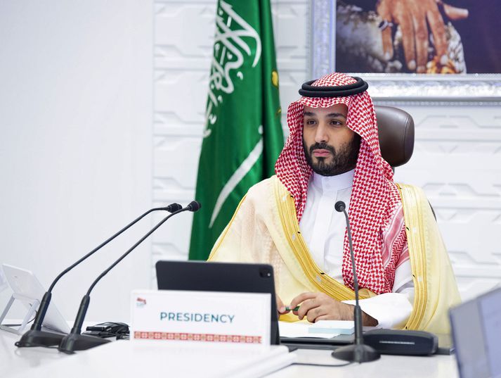 Krónprinsinn Mohammed bin Salman á ráðstefnunni sem nú fer fram. Ráðstefnan er fyrrsta loftslagsráðstefna sem ríkið hefur haldið.