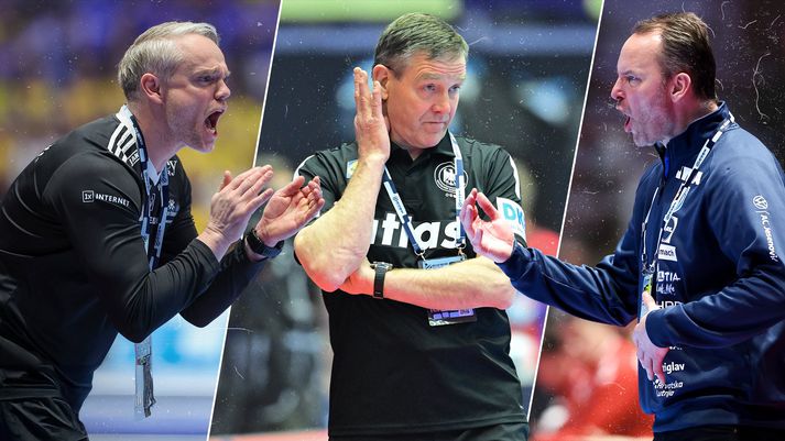 Alfreð Gíslason, landsliðsþjálfari Þýskalands, Snorri Steinn Guðjónsson, landsliðsþjálfari Íslands og Dagur Sigurðsson, landsliðsþjálfari Króatíu, samankomnir í Herning í Danmörku þar sem að undanúrslitin á Evrópumóti karla í handbolta fara fram í dag.