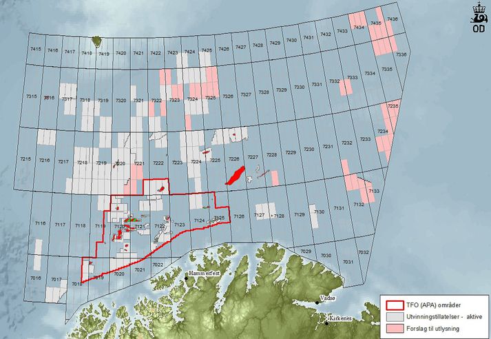 Sérleyfisblokkirnar sem áformað er að bjóða út norður af Noregi eru merktar með bleikum lit.