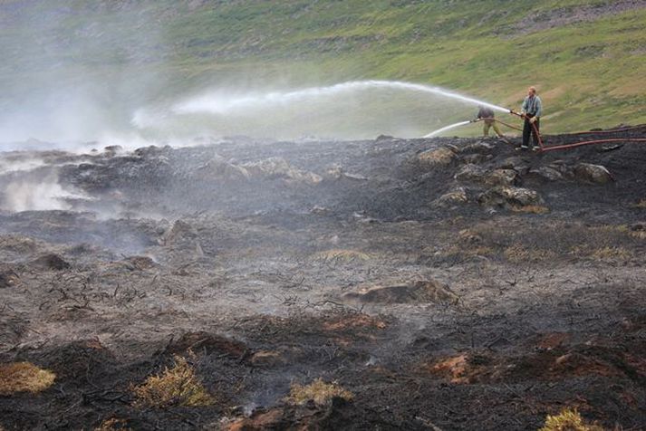 Sinueldar. Menn glíma við eldinn með tiltækum ráðum.