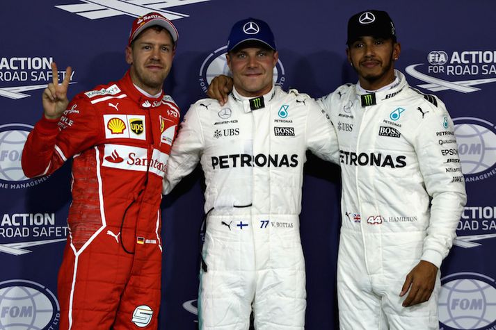 Þrír hröðustu frá vinstri: Sebastian Vettel, Valtteri Bottas og Lewis Hamilton.