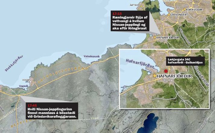 Gullsmiðjan stendur við Lækjargötu í Hafnarfirði. Starfsmaður á sextugsaldri komst undan ógnandi ræningjum á hlaupum.