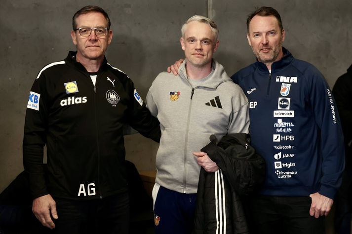 Alfreð Gíslason, landsliðsþjálfari Þýskalands, Snorri Steinn Guðjónsson, landsliðsþjálfari Íslands og Dagur Sigurðsson, landsliðsþjálfari Króatíu, samankomnir í Herning í Danmörku þar sem að undanúrslitin á Evrópumóti karla í handbolta fara fram á morgun.