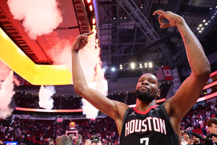 Kevin Durant sendi gamla félaginu sínu, Phoenix Suns, pillu eftir að hafa skorað sigurkörfu Houston Rockets gegn því í nótt.