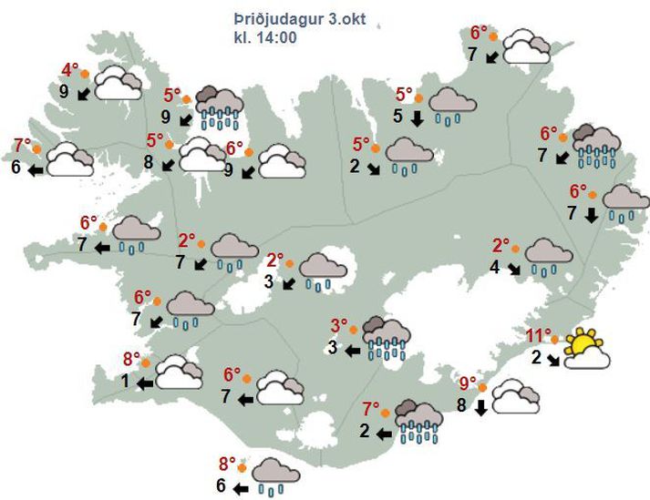 Spákort fyrir klukkan 14 í dag.