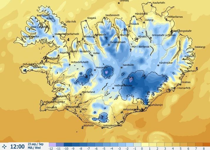 Það verður frekar kalt á landinu í dag og næstu daga. Hitaspákortið er fyrir kl. 12 á hádegi í dag.