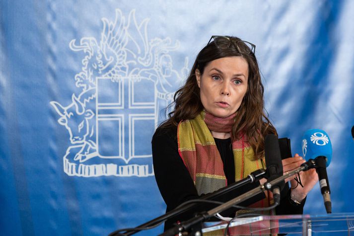 Katrín Jakobsdóttir snemma árs 2022 á blaðamannafundi tengdum Covid-19.