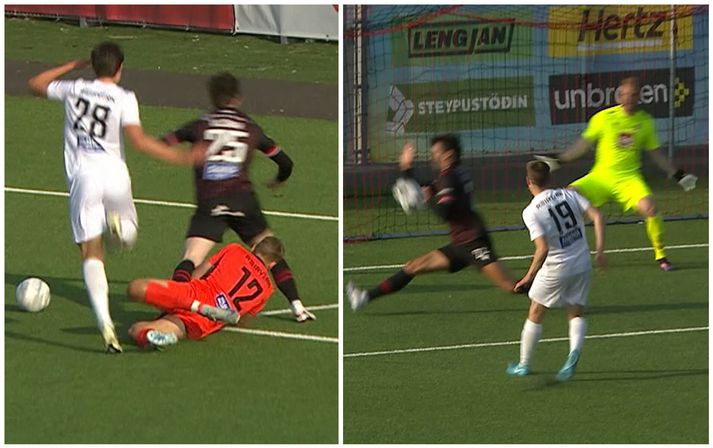 Hér má sjá þessa tvo dóma sem Víkingar fengu á silfurfati í gær. Fyrst vítið sem Valdimar Þór Ingimundarson fiskaði og svo þegar Karl Friðleifur Gunnarsson varði með hendi á marklínu.