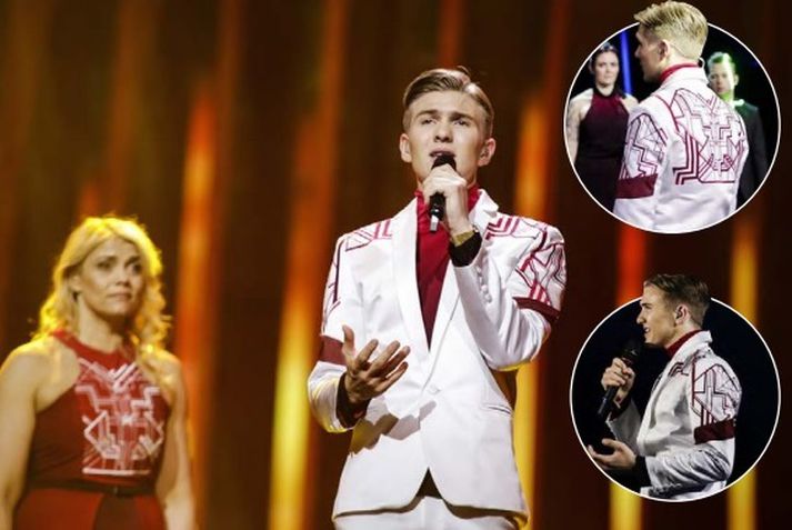 Munstrin á jakkanum hans Ara hafa þegar slegið í gegn í Evrópu og Ástralíu, þar sem Eurovision áhuginn er nánast endalaus. Hér er Ari á sinni fyrstu æfingu á stóra sviðinu í Lissabon.