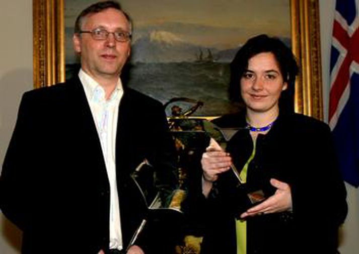 Verðlaunahafarnir í fyrra, Halldór Guðmundsson og Auður Jónsdóttir.