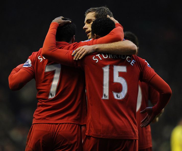 Þrír markaskorarar fagna í dag.