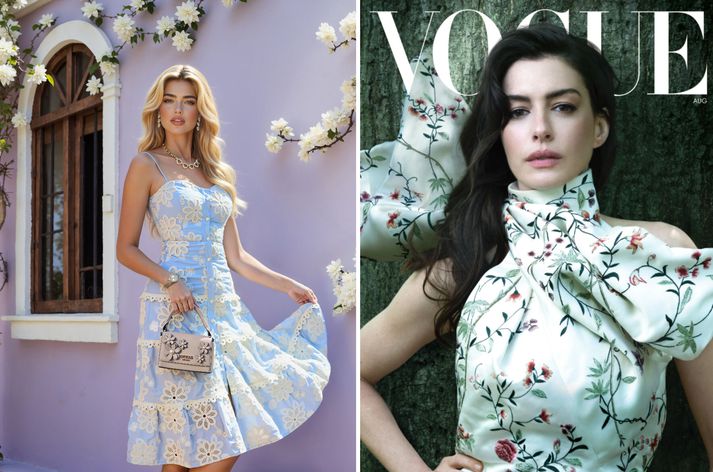 Anne Hathaway (t.h.) prýðir forsíðu ágústútgáfu Vogue en inni í blaðinu má sjá fyrirsætu (t.v.) smíðaða af gervigreind.