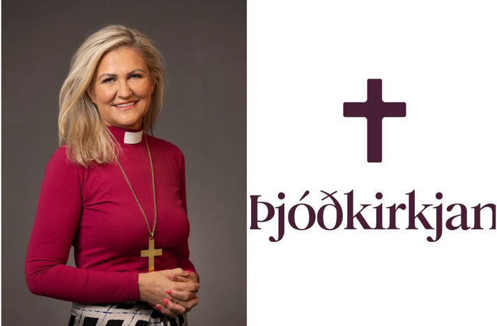 Nýtt merki Þjóoðkirkjunnar er einfalt. Krossinn, tákn upprisunnar á einlitum grunni. Til vinstri er Guðrún Karls Helgudóttir, biskup Íslands.