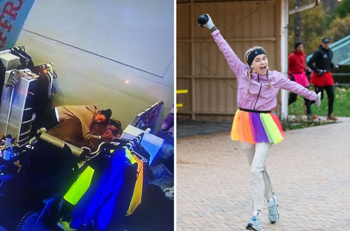 Þórdís Ólöf Jónsdóttir hljóp hress af stað í „tútú-hringnum“ svokallaða, 22. hringnum, en fékk svo gott knús frá Elísu Kristinsdóttur eftir hringinn.