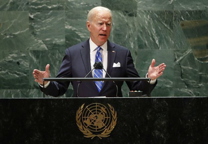 Joe Biden Bandaríkjaforseti í pontu á 76. allsherjarþingi Sameinuðu þjóðanna í New York í dag.