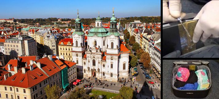 Stúlkurnar voru handteknar á flugvellinum í Prag í nóvember í fyrra. Á myndunum til hægri má sjá hvernig kókaínið var falið í ferðatöskunum.