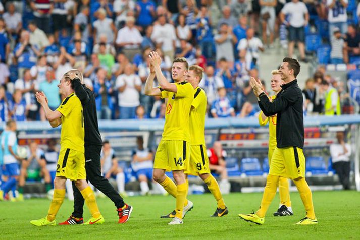 Stjörnumenn voru að vonum glaðir eftir leikinn í Poznan í kvöld.