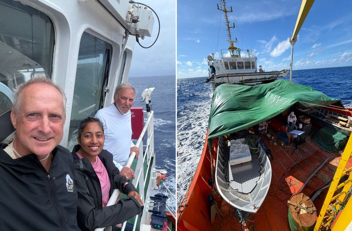 Steve Schultz, Sirisha Bandla og Marc Hagle eru hluti af áhöfn Marin Mainiku sem er nú á leið til Nikumaroro-eyju.