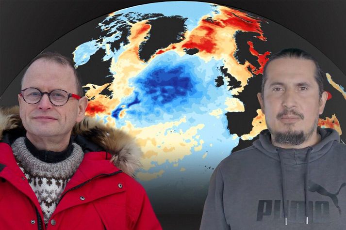 Ángel Ruiz-Angulo (t.h.) og Halldór Björnsson (t.v.) eru meðhöfundar að grein sem færir rök fyrir því að kuldapollurinn svonefndi sunnan við Ísland (bláa svæðið á myndinni) sé tilkominn vegna breytinga í hafinu sjálfu en ekki fyrir tilstuðlan andrúmsloftsins.