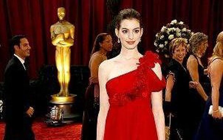 Anne Hathaway bað Valentino að árita kjól sinn eftir að hann rak sig í vínglas og úr því helltist yfir leikkonuna.