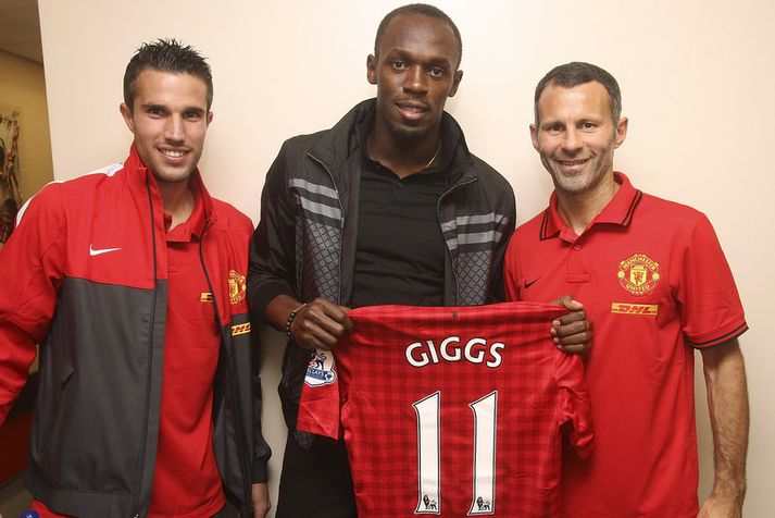 Usain Bolt með Robin van Persie og Ryan Giggs.