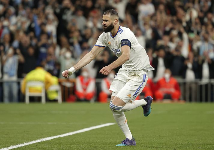 Karim Benzema fagnar markinu sem kom Real Madrid í úrslitaleik Meistaradeildar Evrópu.