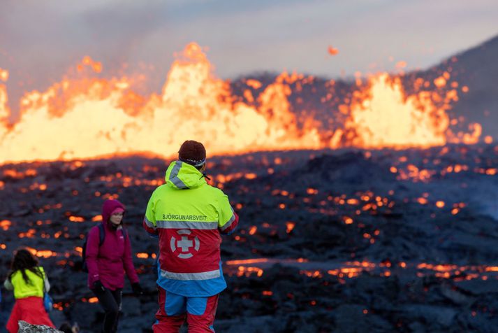 Björgunarsveitarmaður velti fjórhjóli við gosstöðvarnar í gær. Mynd tengist frétt ekki beint og er af eldgosinu í Meradölum í fyrra.