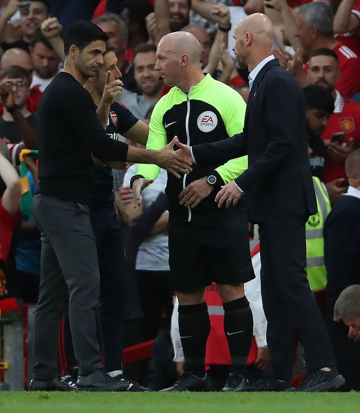 Arteta og Erik Ten Hag á hliðarlínunni í dag.