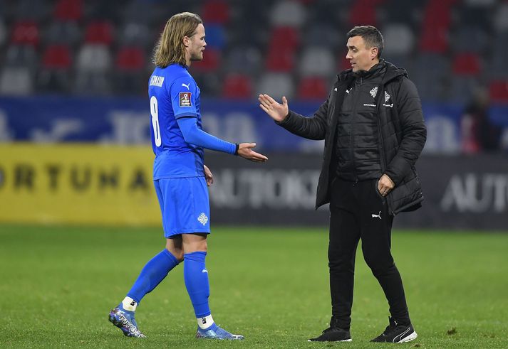 Romania v Iceland - 2022 FIFA World Cup Qualifier Birkir Bjarnason and Arnar Thor Vidarsson in action during the FIFA World Cup Qatar 2022 qualification Group J football match Romania v Iceland, in Bucharest on November 11, 2021. (Photo by Alex Nicodim/NurPhoto via Getty Images)